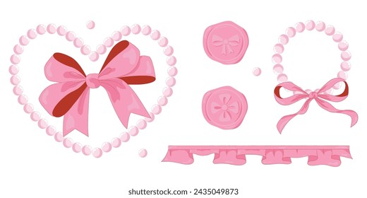 Vector Ilustración de perlas de cinta de arco y marco de la vendimia rosa y sello de cera conjunto. Cintas aisladas. Accesorios de moda para niñas. 