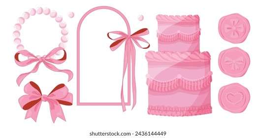 Vector Ilustración de los arcos de la vendimia femenina rosa, pastel de lambeth victoriano y marcos. Lindo pastel de lambeth vintage. Estética de coqueta femenina.