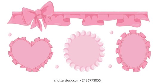 Vector Illustration of pink girly vintage bow and frame ribbon beads set. Ribbons isolated. Trendy coquette girls accessories. 