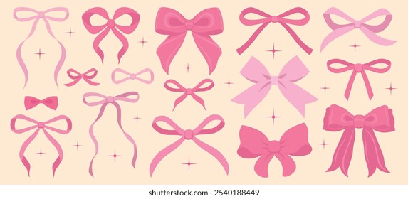 Ilustración vectorial de rosa girly vintage conjunto de arco. Arco para la decoración del cabello. Cintas aisladas. Accesorios de moda para niñas. Elementos de peinado lindo colección.Trendy rosa, coqueta, cinta. invitación de Boda