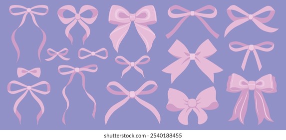 Vector Illustration of pink girly vintage bow set. Bow for hair decor. Ribbons isolated. Trendy girls accessories. Cute hairstyle elements collection.Trendy pink, coquette, ribbon. Wedding invitation