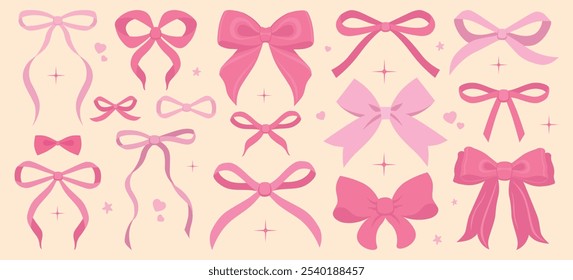 Vector Illustration of pink girly vintage bow set. Bow for hair decor. Ribbons isolated. Trendy girls accessories. Cute hairstyle elements collection.Trendy pink, coquette, ribbon. Wedding invitation