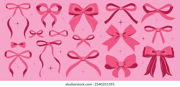 Ilustración vectorial de rosa girly vintage conjunto de arco. Arco para la decoración del cabello. Cintas aisladas. Accesorios de moda para niñas. Elementos de peinado lindo colección.Trendy rosa, coqueta, cinta. invitación de Boda