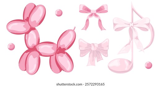 Vector Illustration of pink girly vintage bow, note and balloon dog set. Ribbons isolated. Trendy girls accessories. Cute hairstyle elements collection