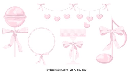 Vector Illustration of pink girly vintage bow and frame set. Bow for hair decor flat. Ribbons isolated. Pink lollipop. Cute hairstyle elements collection