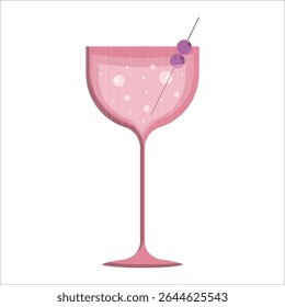 Vector illustration of a pink glass on a thin stem with olives on a toothpick on a white background.