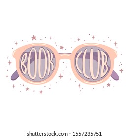 Vector illustration of pink glasses with white lettering Book club inside and with purple stars aroud. Isolated on white background.