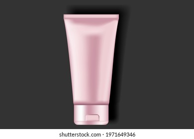 Vector illustration. Pink glossy plastic tube for medicine or cosmetics: gal, balm, cream, skin care, toothpaste, lotion. Realistic packaging mock up template. Side view, full face, close-up.