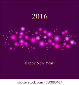 Vector illustration of The pink glow on a purple background. Happy New Year 2016!