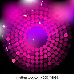 Vector illustration of Pink glowing ball on a black backdrop. Nightclub.