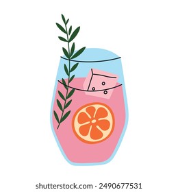 Vector illustration of a pink grapefruit cocktail or lemonade with orange and ice, decorated with rosemary. Flat cartoon style, colorful and refreshing summer drink icon, for tropical parties