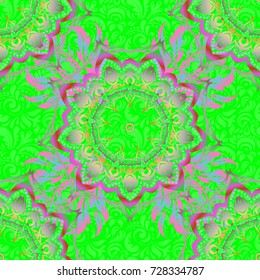 Vector illustration. Pink and green damask paisley wallpaper. Seamless background, grunge style.