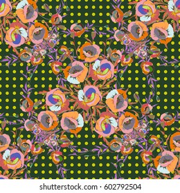 Vector illustration of pink and green flowers. Seamless pattern with flowers on motley background.