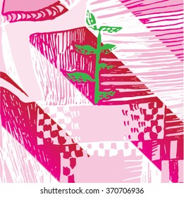 Vector illustration of pink and green hand drawn graphic pattern / background. Checkers, lines, distressed, distorted, tube, plant, grunge image.