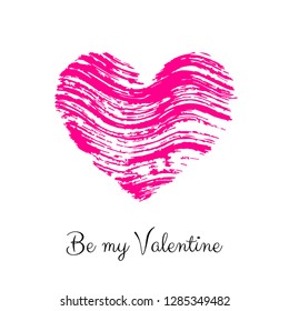 Vector illustration of pink grunge hand drawn striped heart isolated on the white background. Text Be my Valentine.