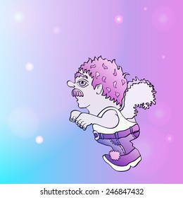 Vector illustration: pink haired cupid in jeans on pink and blue background