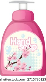 Vector illustration of pink hand soap bottle, cherry blossom label, pastel colors, clean background