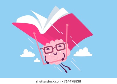 Vector illustration of pink happy brain with glasses flying on a red book hang glider in the sky on blue background. Enjoyable education brain cartoon concept. Flat style design of character brain