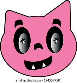 Vector illustration of a pink happy cat with two teeth in the mouth. pink cartoon funny cat smiling on a white background. icon, sticker, symbol, logo.
