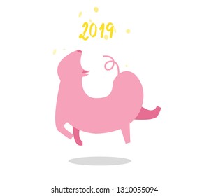 Vector illustration of pink happy jumping  pig for the year of the pig on the white background with sign 2019 and confetti