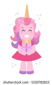 Vector illustration of a pink happy unicorn with a gift.  Design for cards, invitations, poster.