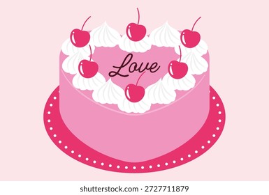 Ilustración vectorial de un pastel de corazón rosa con cerezas en un plato para el día de San Valentín, Boda, etc.