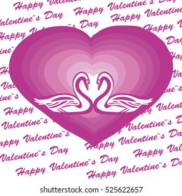 Vector illustration of pink heart with couple white swan. Text Happy Valentines day, Vintage poster. Tenderness.