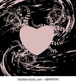 Vector illustration of a pink heart and flowers on a black background