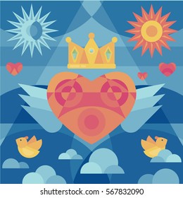 vector illustration of pink  heart in geometric style with golden crown and wings and blue sky background for Valentines Day design 