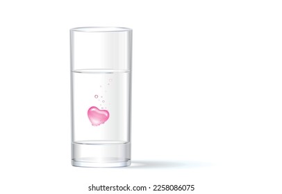 Vector illustration of pink heart in glass of water,bright heart shape,heart disease medication,drowned heart,valentine's day,isolated on white.Drinking clean water makes healthy,refresh mind.