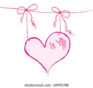 Vector illustration of a pink heart hanging on strings