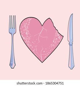 Vector illustration of a pink heart with a knife and fork. Metaphorical image for a romantic dinner.