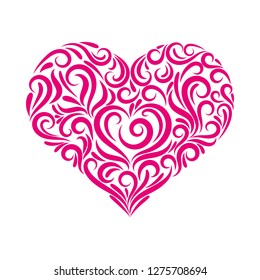 Vector illustration of a pink heart from an ornament. Happy Valentine's Day. Valentine card. Elegant element for your design. Lace for wedding invitations, cards, valentines. Vintage heart shape decor