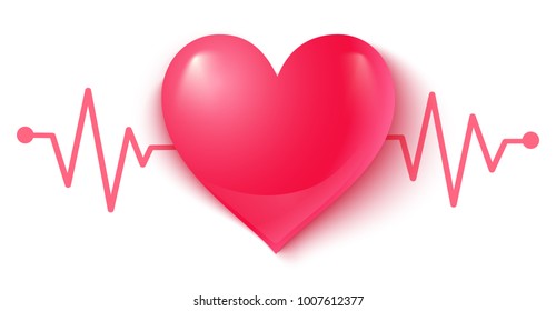 Vector illustration of a pink heart with pulse. Heart and pulse.