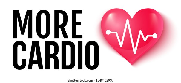 Vector illustration of a pink heart with pulse and text more cardio. Heart and pulse. Cardio heart for print on t-shirt.