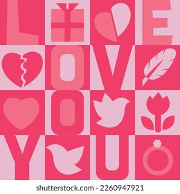 Vector illustration of pink heart, square pattern for Valentine's day. Image love, broken heart, gift, bird, feather, ring. Romantic mood for postcards, promotions, posters, decorations.