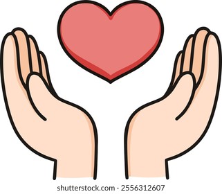 vector illustration of pink heart symbol with both hands open facing upwards, showing love and peace symbol