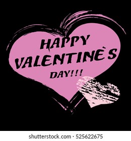 Vector illustration of pink heart with text Happy Valentines day, Lettering design. Watercolor effect with spray, spots and smear. Hipster love. Graffiti.