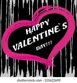 Vector illustration of pink heart with text Happy Valentines day, Lettering design. Watercolor effect with spray, spots and smear. Hipster love. Graffiti.