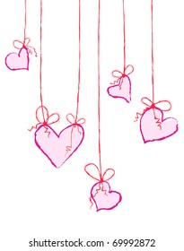 Vector illustration of pink hearts hanging on strings