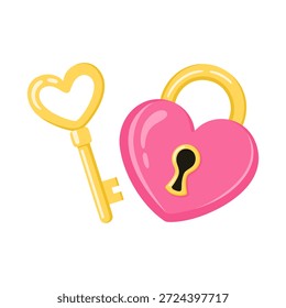 Vector illustration of a pink heart-shaped padlock and a golden skeleton key with a heart handle. Romantic concept of love, security, and secret feelings for Valentine's Day and wedding design.
