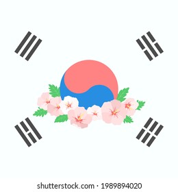 Vector illustration of pink hibiscus flower and Korean flag.