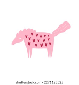 Vector illustration of a pink horse in hearts in a modern trendy flat style. Colorful art print, graphic design