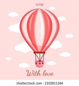 Vector illustration of pink hot air balloon on valentine's day clouds background for postcard, textile, decor, poster. Greeting card.