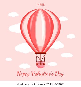 Vector illustration of pink hot air balloon on valentine's day clouds background for postcard, textile, decor, poster. Greeting card.