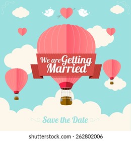 Vector illustration pink hot air ballons fly with clouds.  Wedding card. Flat Design