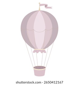 Vector illustration of a pink hot Air Balloon in soft pastel colors with a flag. Drawing of Airship in pink pastel colors for nursery print, girls baby shower greeting cards or newborn invitations