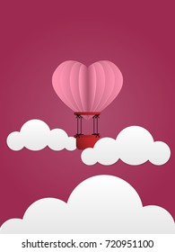 Vector illustration of pink hot air balloon in a heart shape float on pink sky and white cloud background. Concept of love and valentine day, paper art style.
