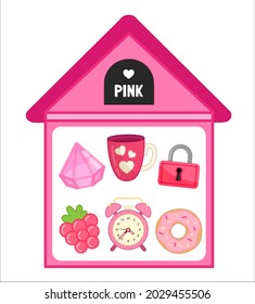 Ilustración vectorial de una casa rosa . Aprendiendo colores para los niños. Plantilla para desarrollar actividades.
