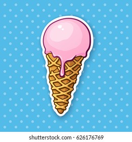 Vector illustration. Pink ice ball cream in the waffle cone. Sticker in cartoon style with contour. Decoration for greeting cards, patches, prints for clothes, badges, menus